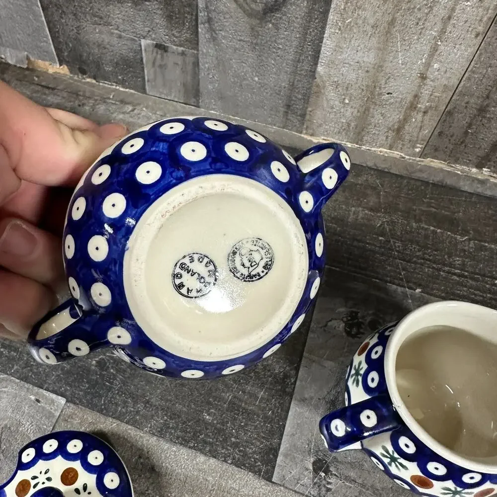 Vintage Boleslawiec Polish Pottery Mosquito Pattern Cream‎ And Sugar
